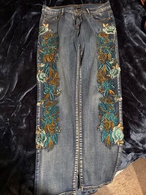 Embellished Teal & Gold Floral Straight-Leg Jeans